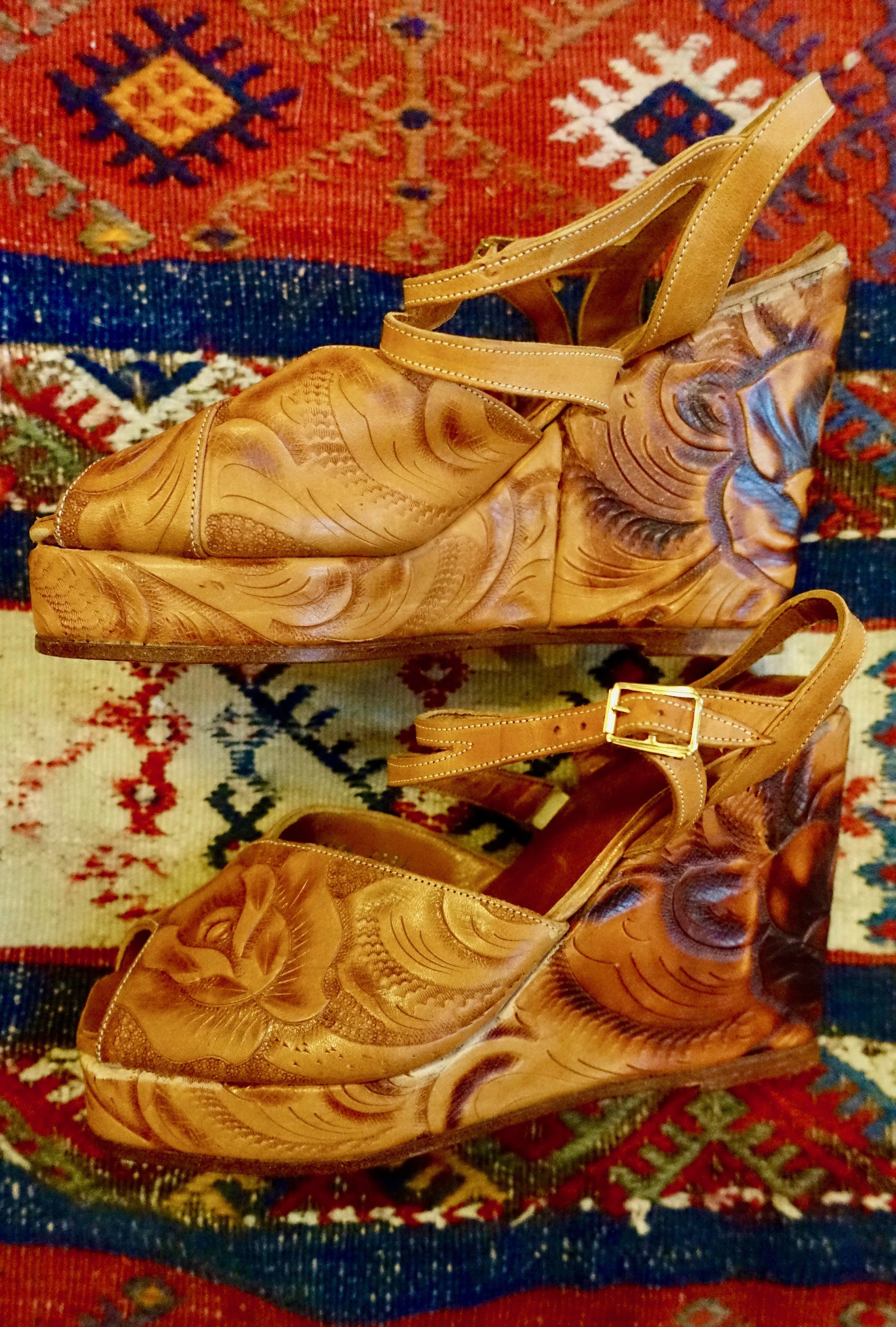 1970's "Trashy" Tooled Leather Wedge Shoes - SOLD