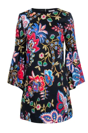 Alice & Olivia - Black Floral Print Shift Dress w/ Bell Sleeves Sz 6