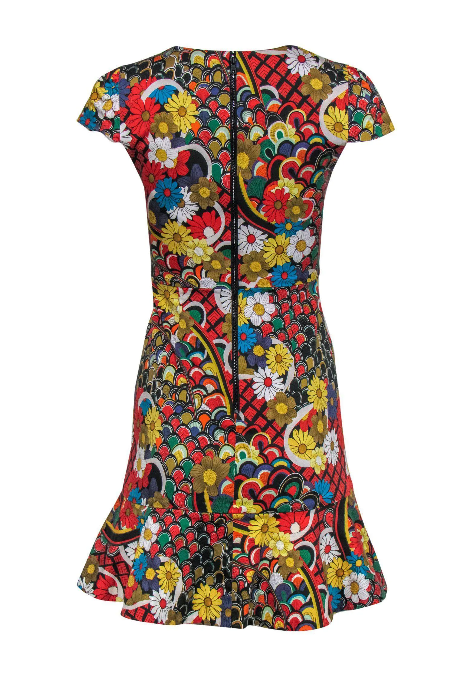 Alice & Olivia - Multicolored Floral Print Cap Sleeve Ruffle Sheath Dress Sz 2
