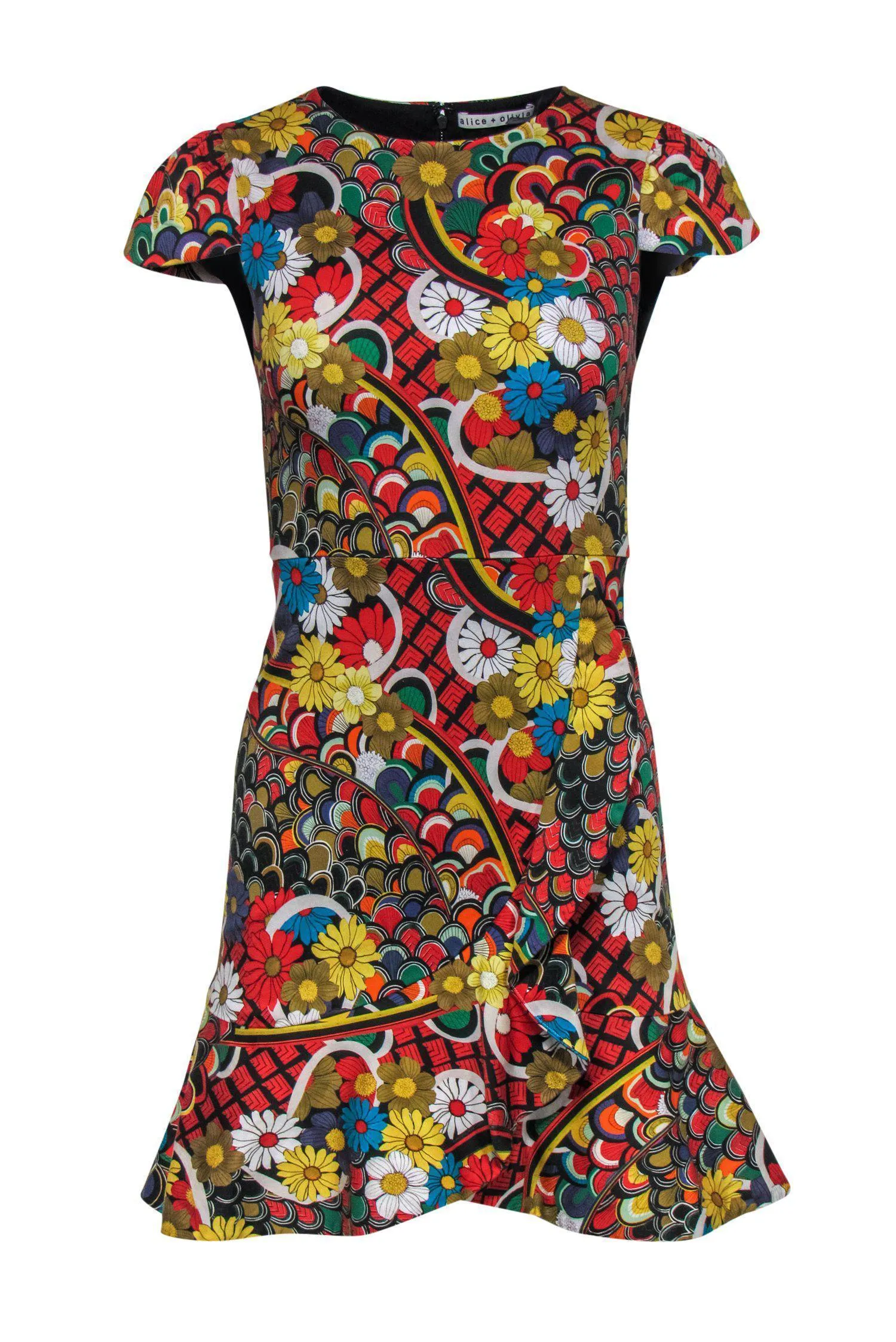 Alice & Olivia - Multicolored Floral Print Cap Sleeve Ruffle Sheath Dress Sz 2