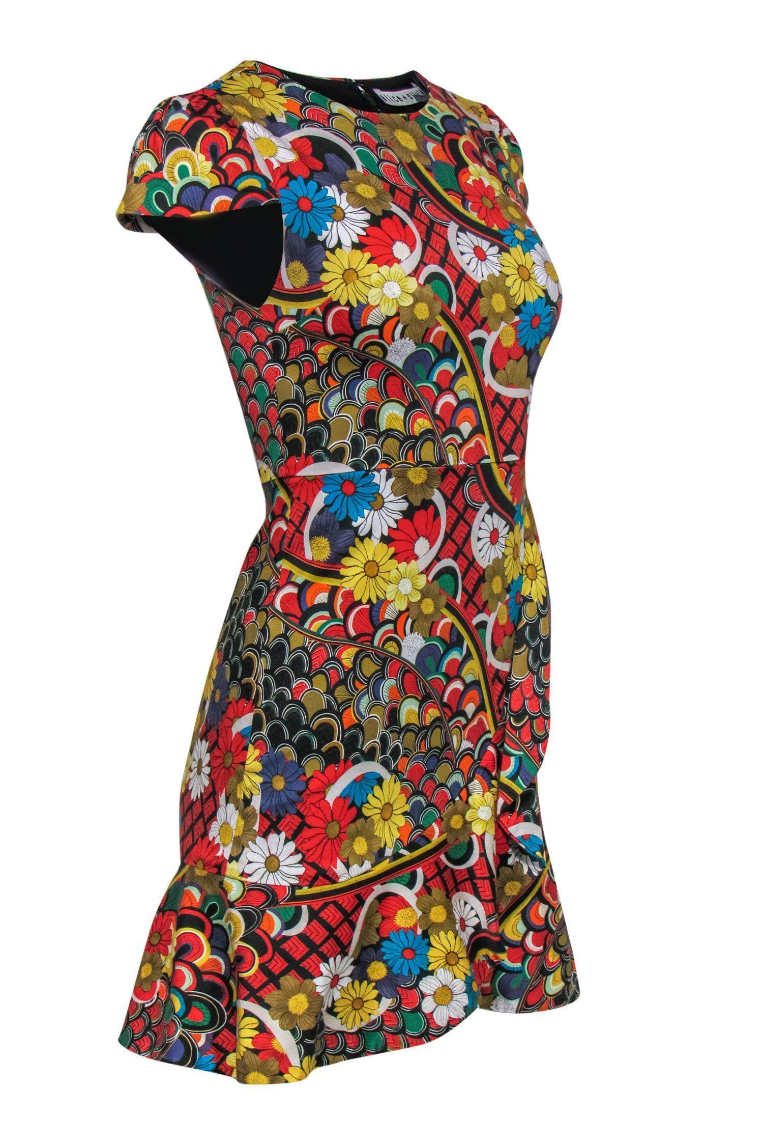 Alice & Olivia - Multicolored Floral Print Cap Sleeve Ruffle Sheath Dress Sz 2