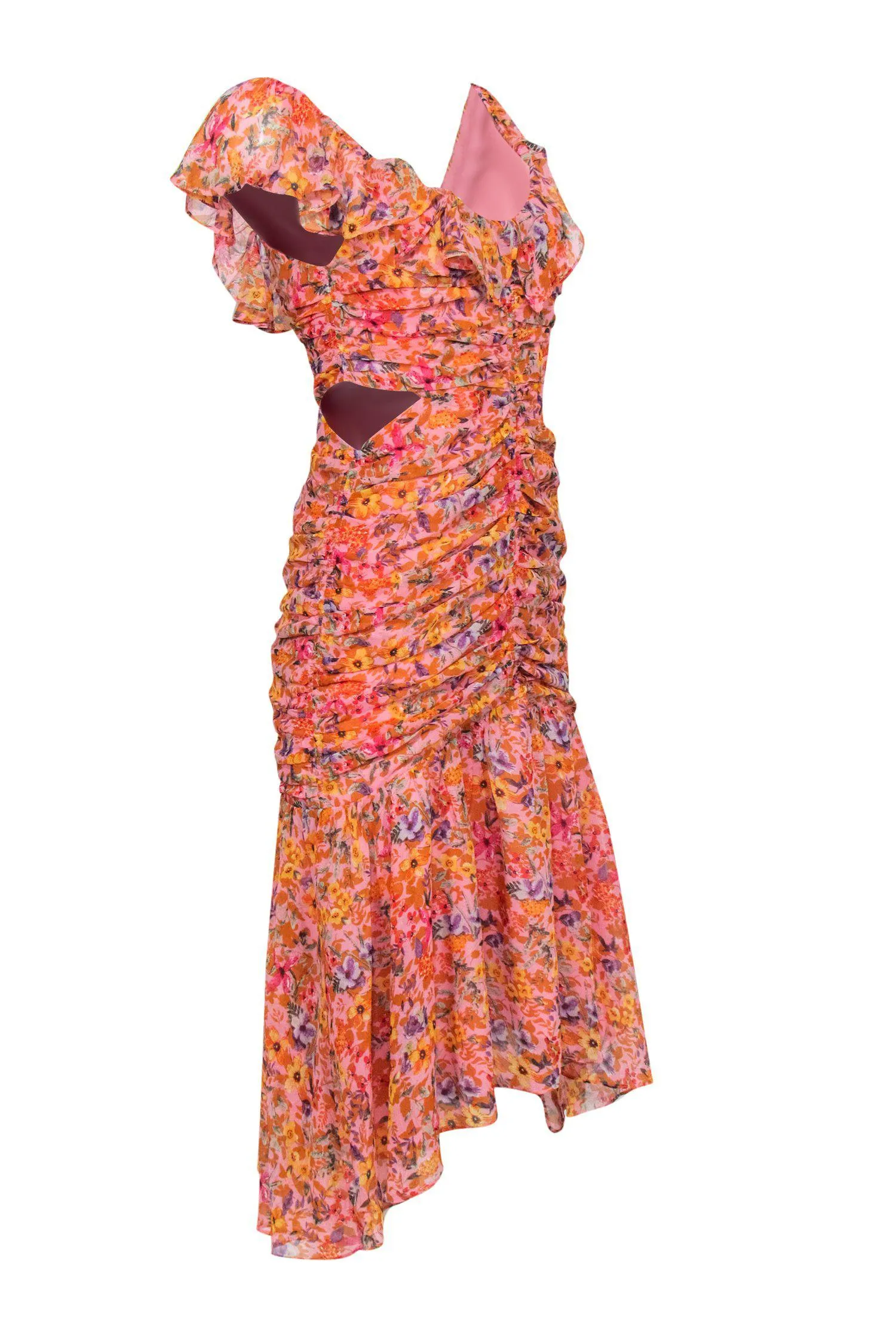 ASTR the Label - Pink & Multicolored Floral Print Ruched Maxi Dress w/ Cutouts Sz M