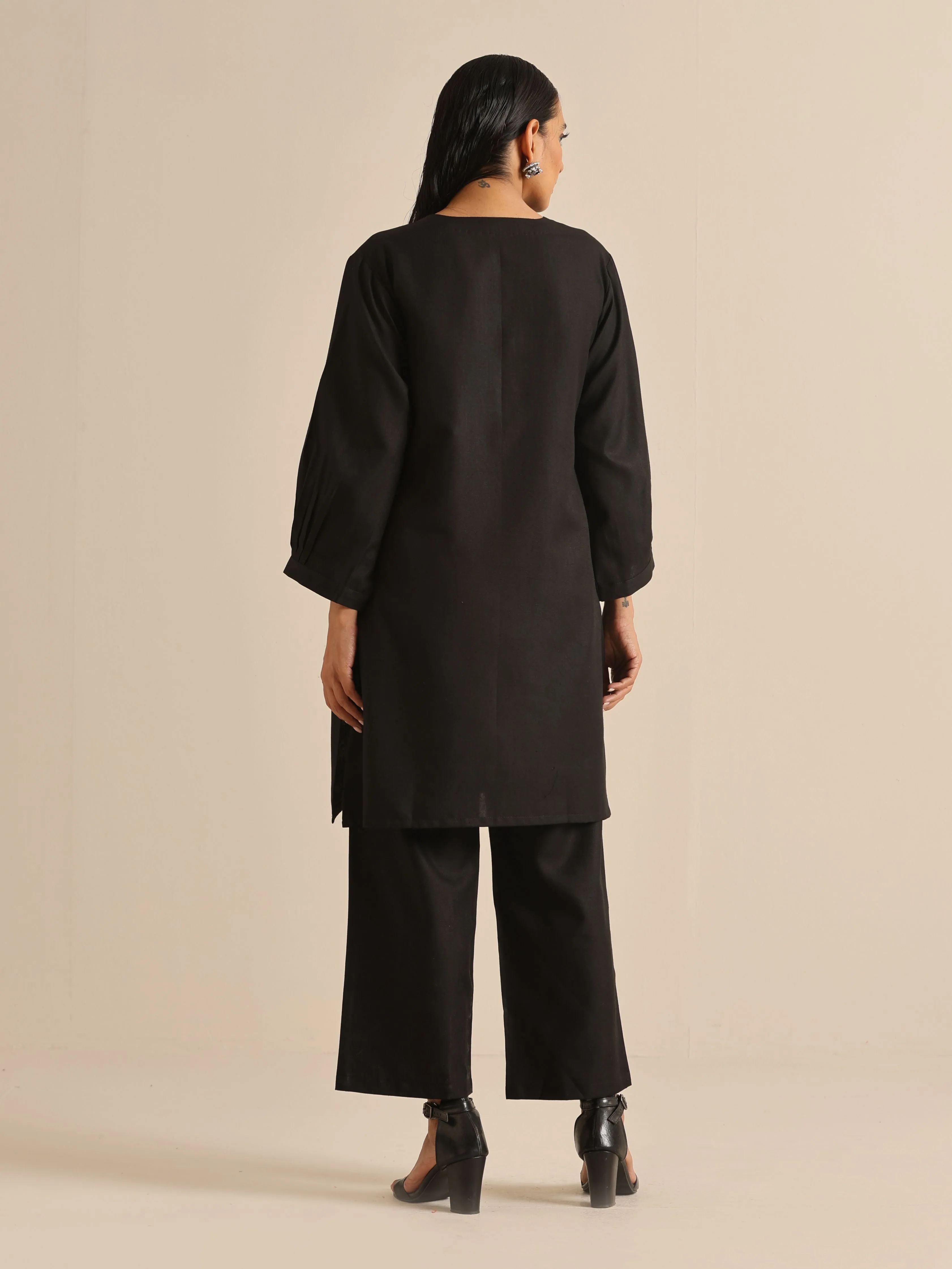 Black Slub Relaxed Placket Co-Ord Set