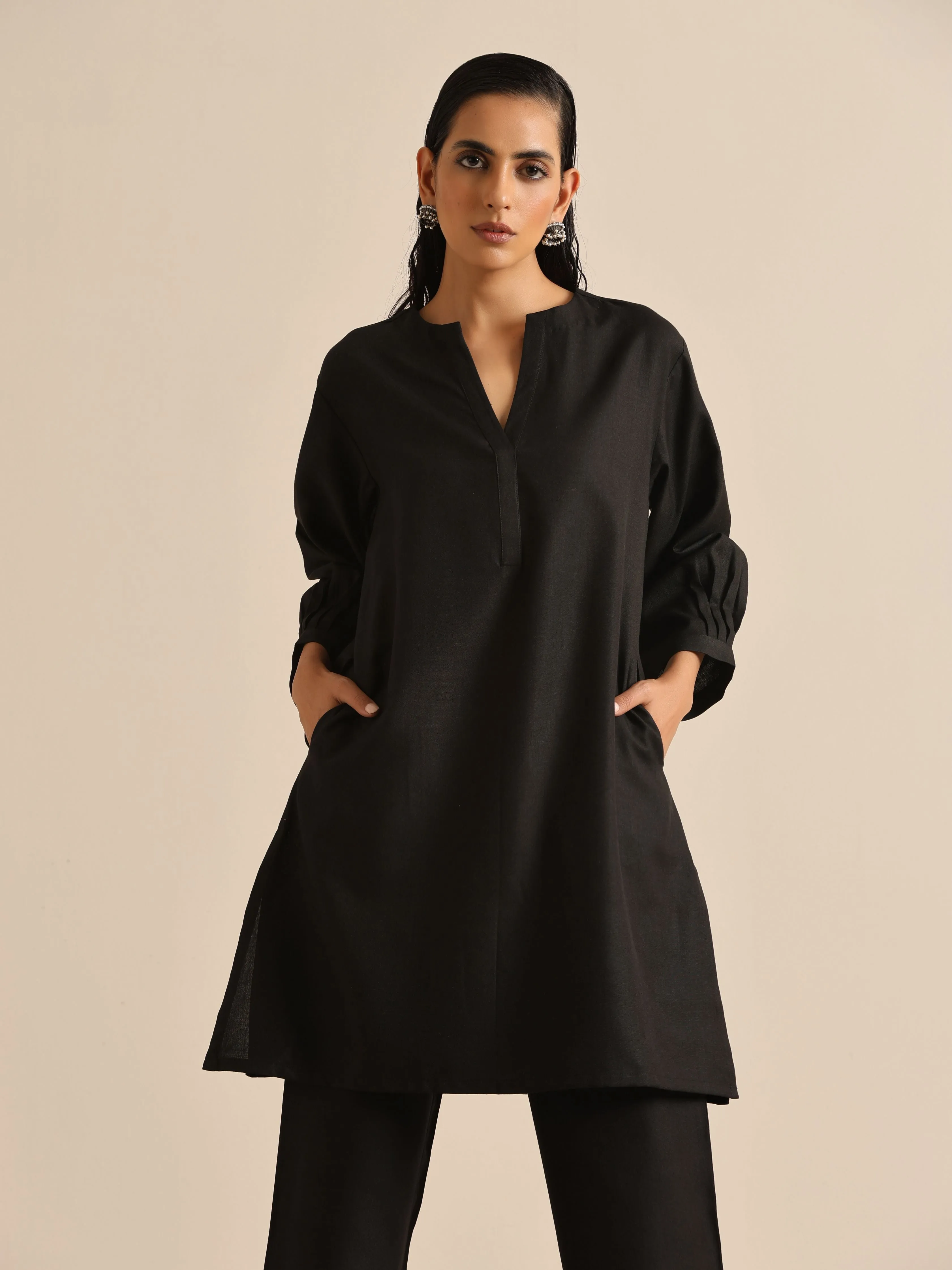 Black Slub Relaxed Placket Co-Ord Set