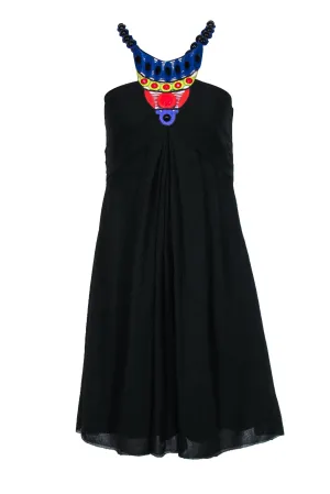 Catherine Malandrino - Black Silk Shift Dress w/ Beaded & Embroidered Neckline Sz 4