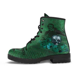 Combat Boots - Edgar Allan Poe Inspired #110-Green The Raven | Witch Shoes, Teacher's Day Gift, Custom Shoes Boho, Goth Witch Boots, Gothic Skull