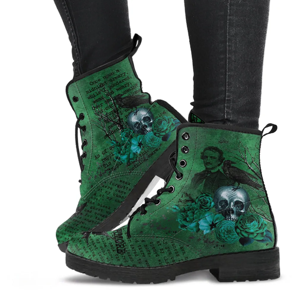 Combat Boots - Edgar Allan Poe Inspired #110-Green The Raven | Witch Shoes, Teacher's Day Gift, Custom Shoes Boho, Goth Witch Boots, Gothic Skull