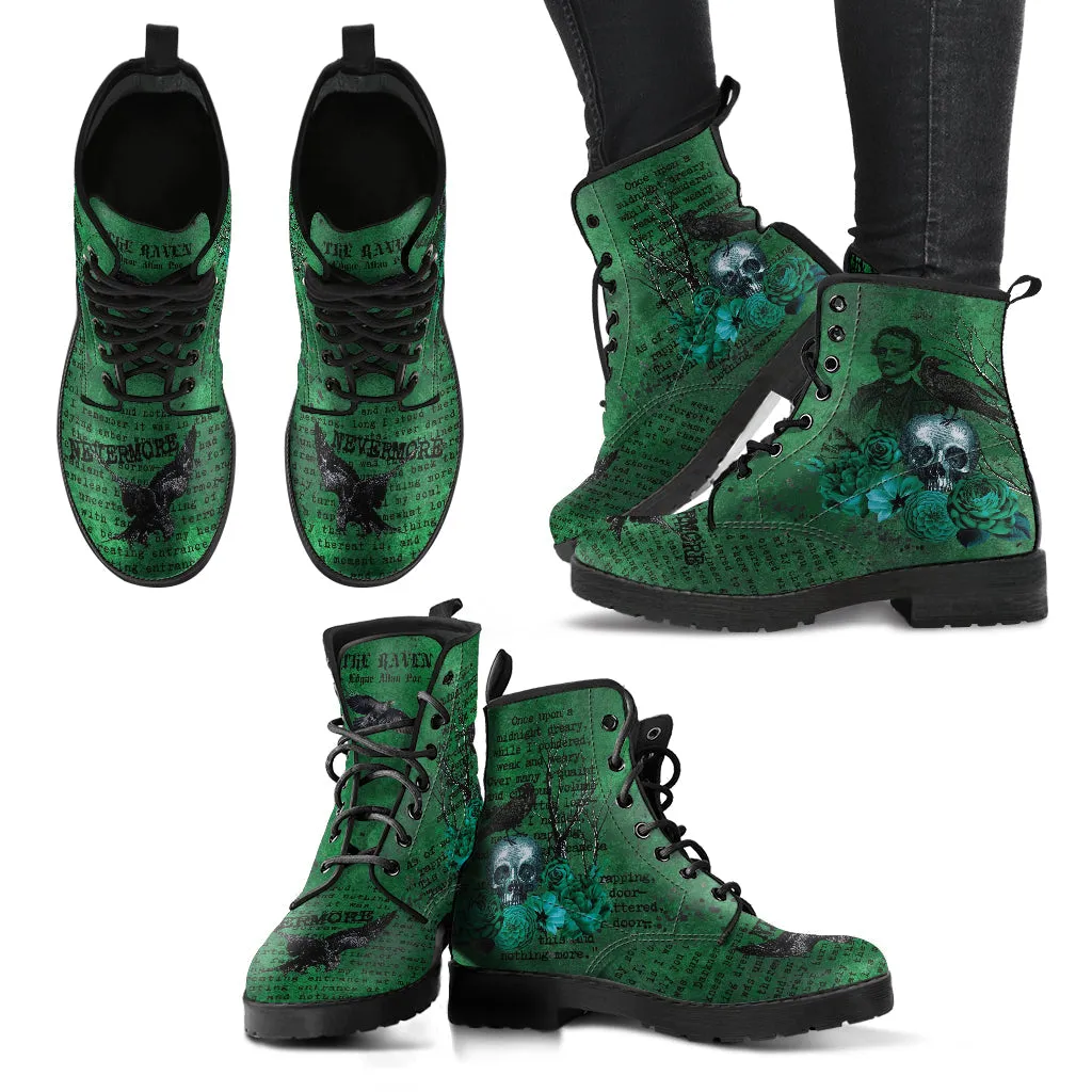 Combat Boots - Edgar Allan Poe Inspired #110-Green The Raven | Witch Shoes, Teacher's Day Gift, Custom Shoes Boho, Goth Witch Boots, Gothic Skull