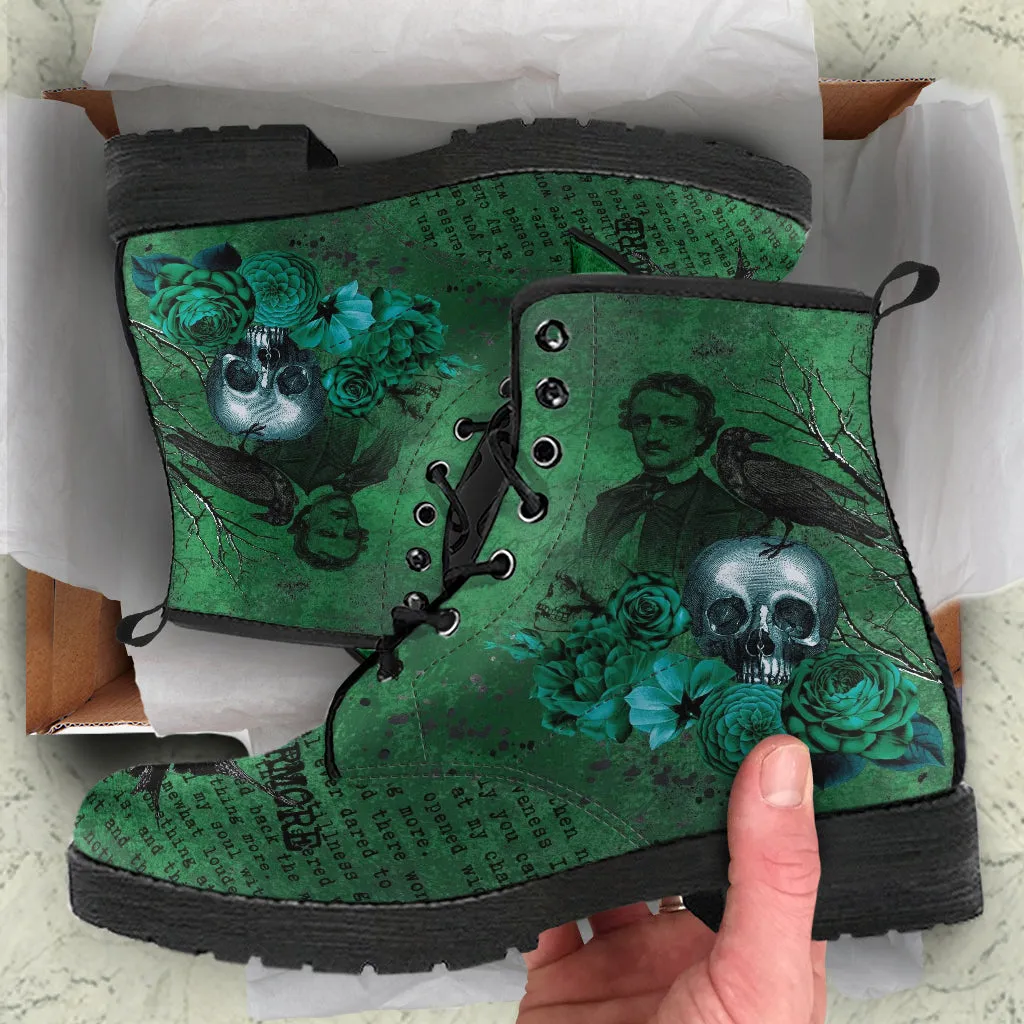 Combat Boots - Edgar Allan Poe Inspired #110-Green The Raven | Witch Shoes, Teacher's Day Gift, Custom Shoes Boho, Goth Witch Boots, Gothic Skull