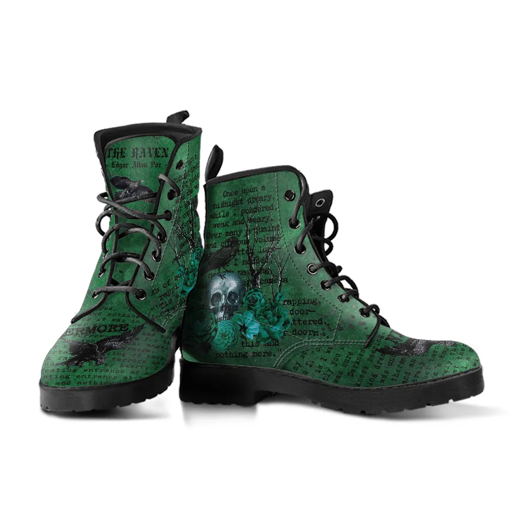 Combat Boots - Edgar Allan Poe Inspired #110-Green The Raven | Witch Shoes, Teacher's Day Gift, Custom Shoes Boho, Goth Witch Boots, Gothic Skull