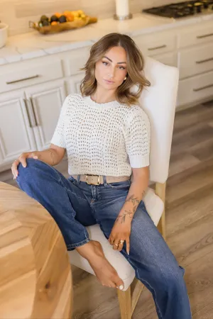 Deena Short Sleeve Crochet Top Beige