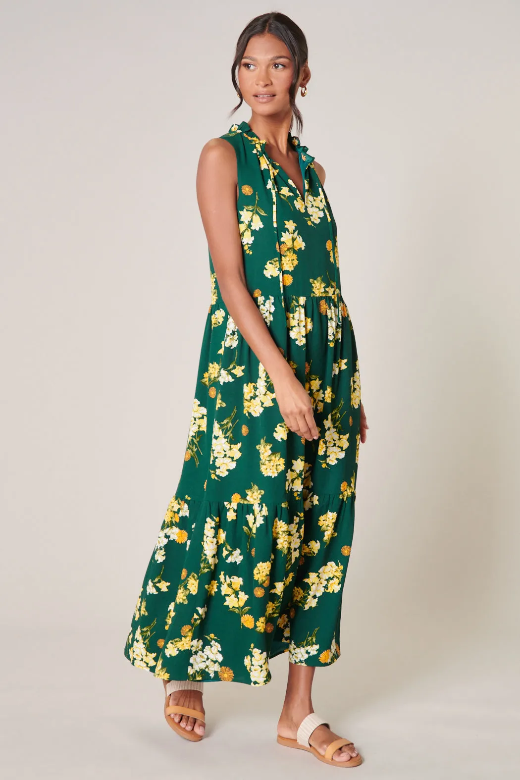 Delliah Floral Split Neck Tiered Maxi Dress