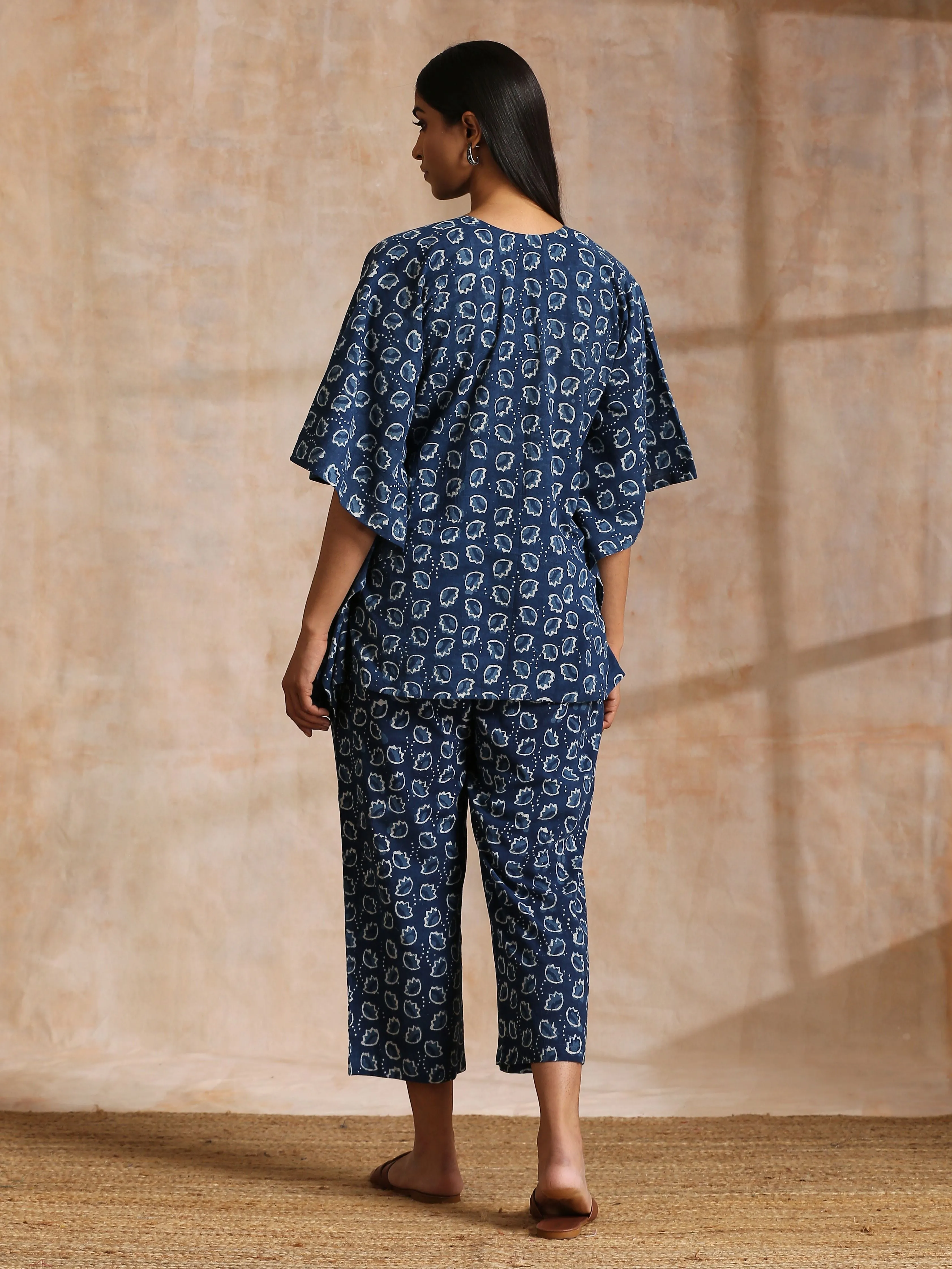 Indigo Dabu Floral Print Cotton Kaftan Co-Ord Set