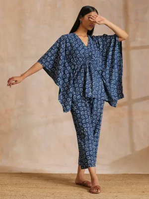 Indigo Dabu Floral Print Cotton Kaftan Co-Ord Set