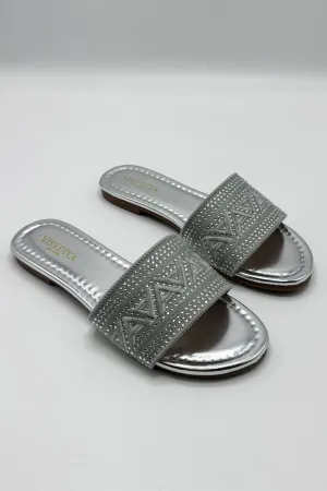 Kree Diamante Patterned Sliders in Silver