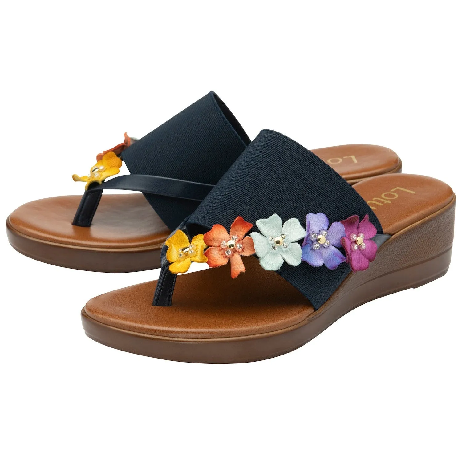 Lotus Carlotta Ladies  Italian Navy Leather & Textile Slip On Sandals