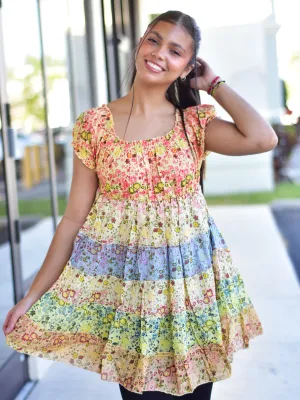 Pure Cotton Boho Summer Floral Print Ruffled Puffed Sleeve Tiered Patchwork Mini Dress Off Shoulder Dress