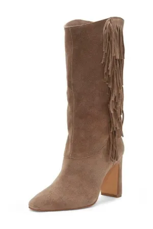 Vince Camuto Sterla Tuscan Taupe Fashion Fringe Mid Calf Block Heel Dress Boots