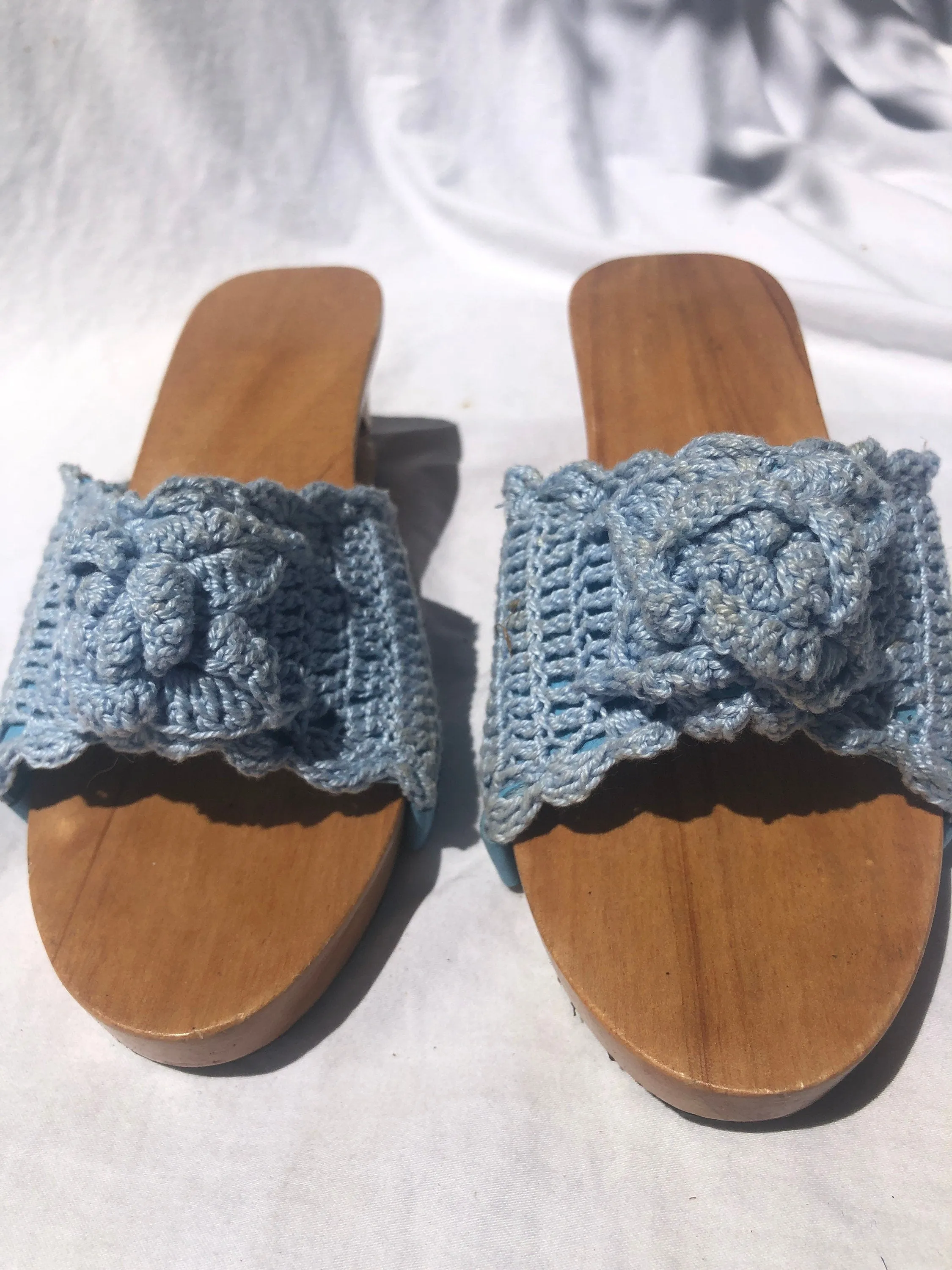 Vintage Carved Bamboo Pagoda Heel Wedges with Light Blue Knit Slides Size 5