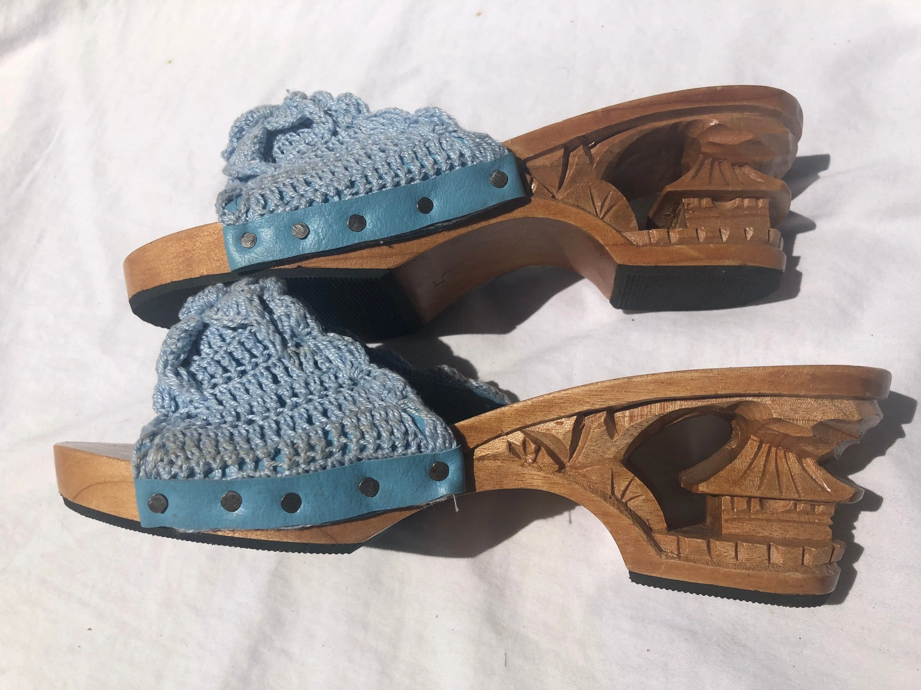 Vintage Carved Bamboo Pagoda Heel Wedges with Light Blue Knit Slides Size 5