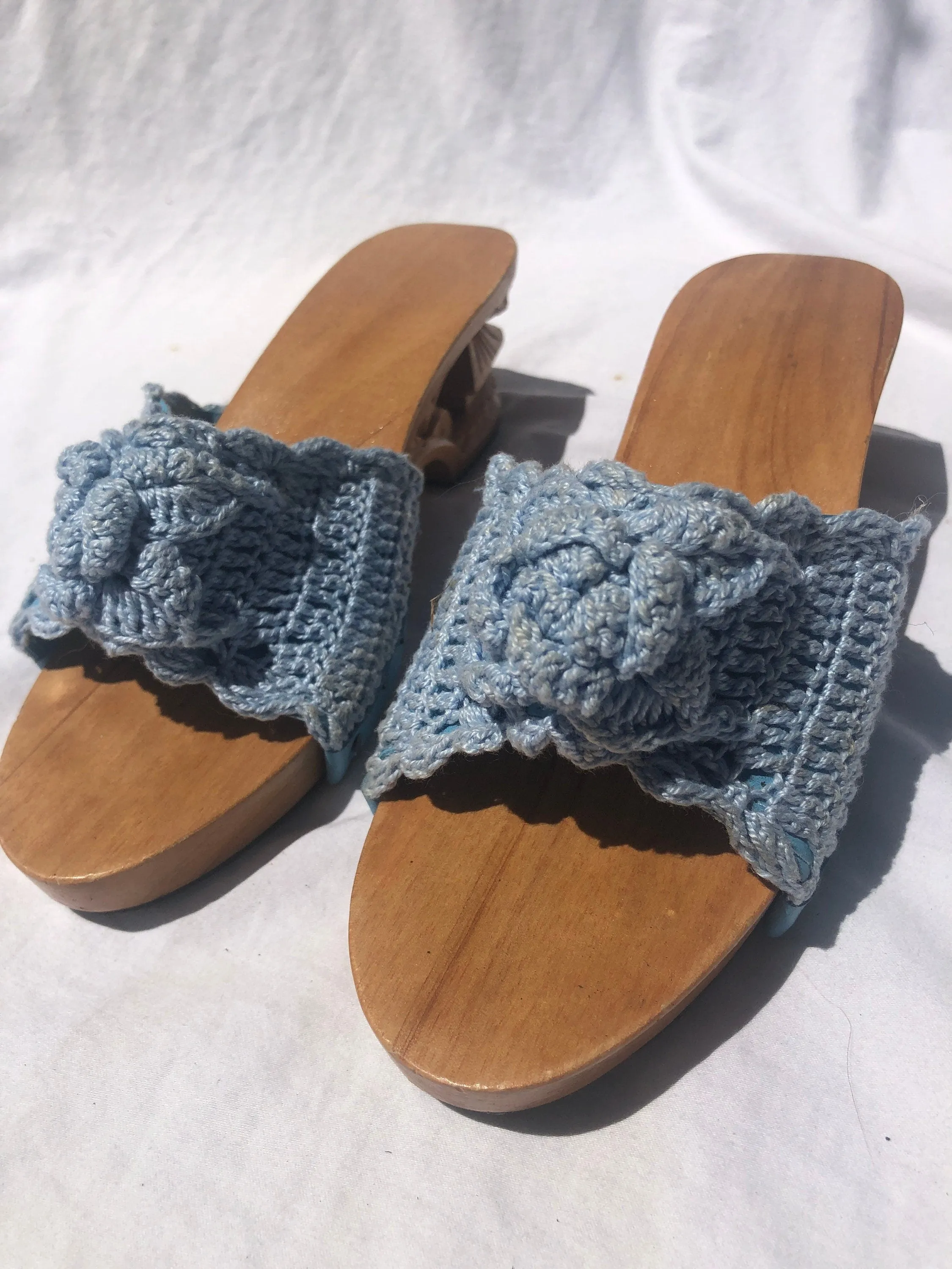 Vintage Carved Bamboo Pagoda Heel Wedges with Light Blue Knit Slides Size 5