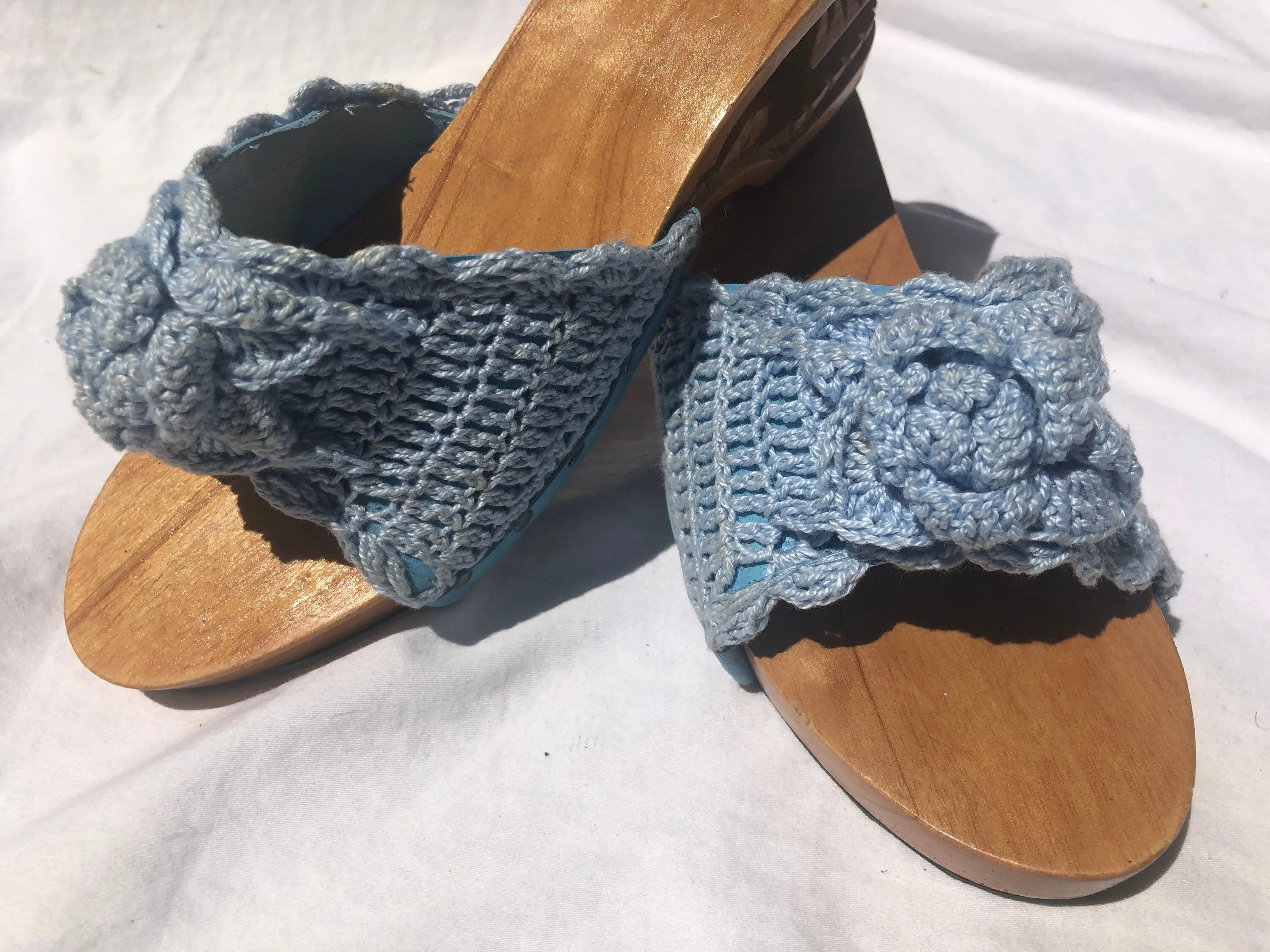 Vintage Carved Bamboo Pagoda Heel Wedges with Light Blue Knit Slides Size 5