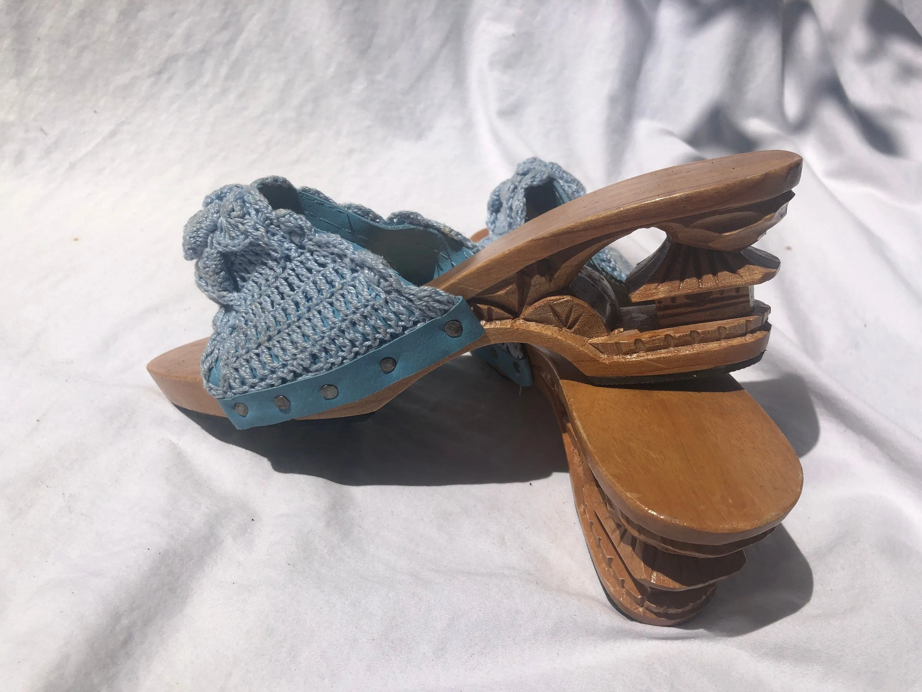 Vintage Carved Bamboo Pagoda Heel Wedges with Light Blue Knit Slides Size 5