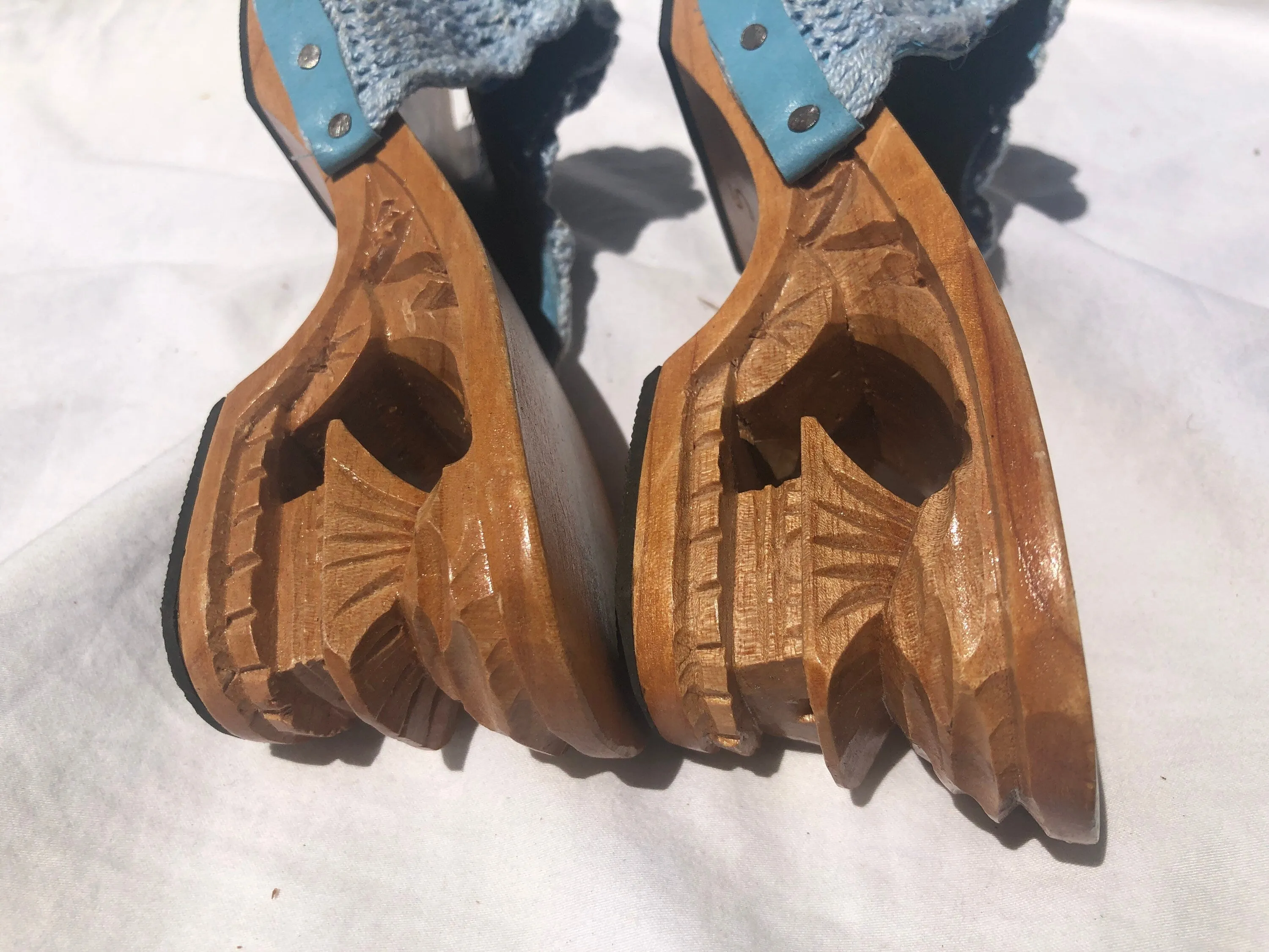 Vintage Carved Bamboo Pagoda Heel Wedges with Light Blue Knit Slides Size 5