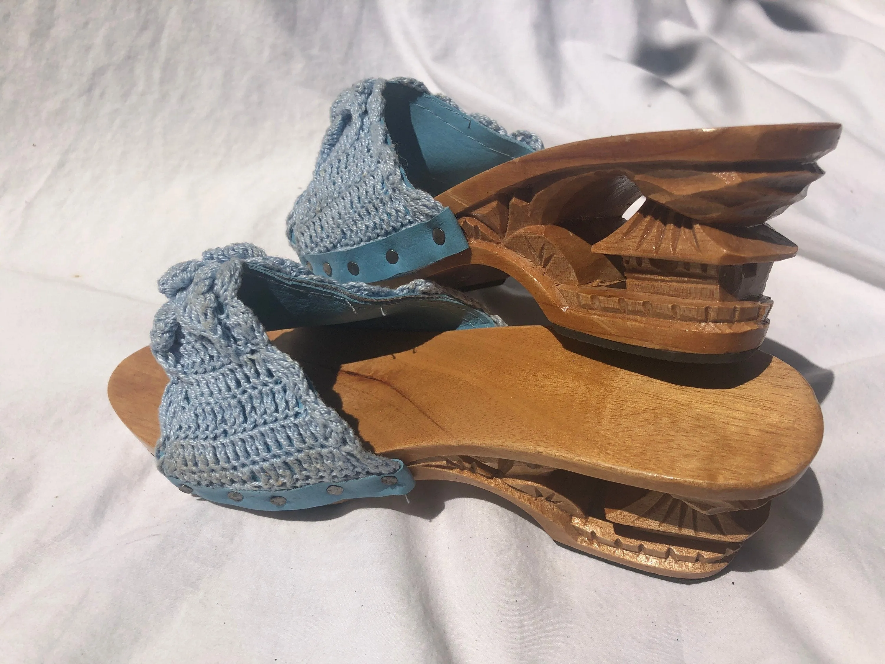 Vintage Carved Bamboo Pagoda Heel Wedges with Light Blue Knit Slides Size 5