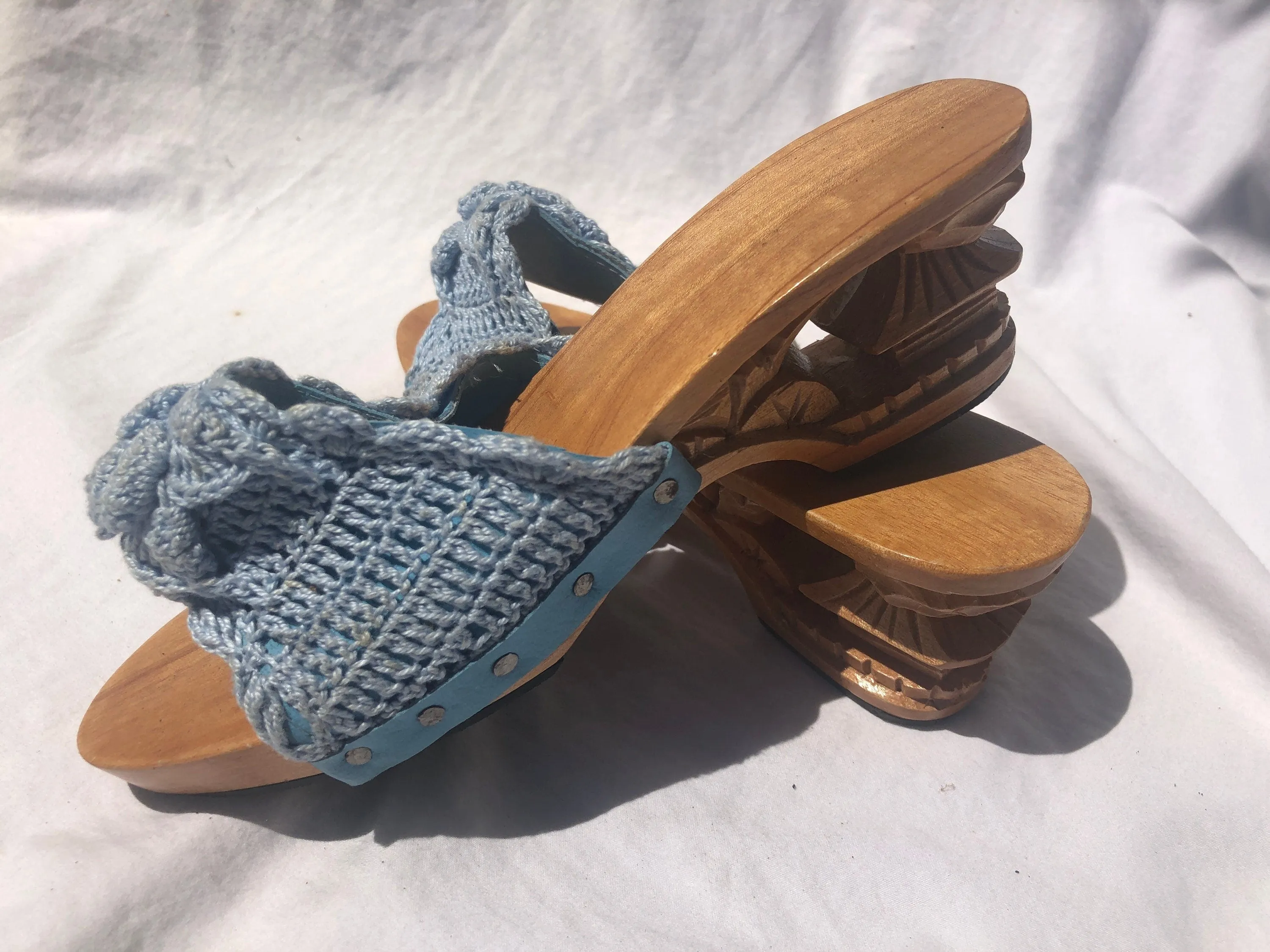 Vintage Carved Bamboo Pagoda Heel Wedges with Light Blue Knit Slides Size 5