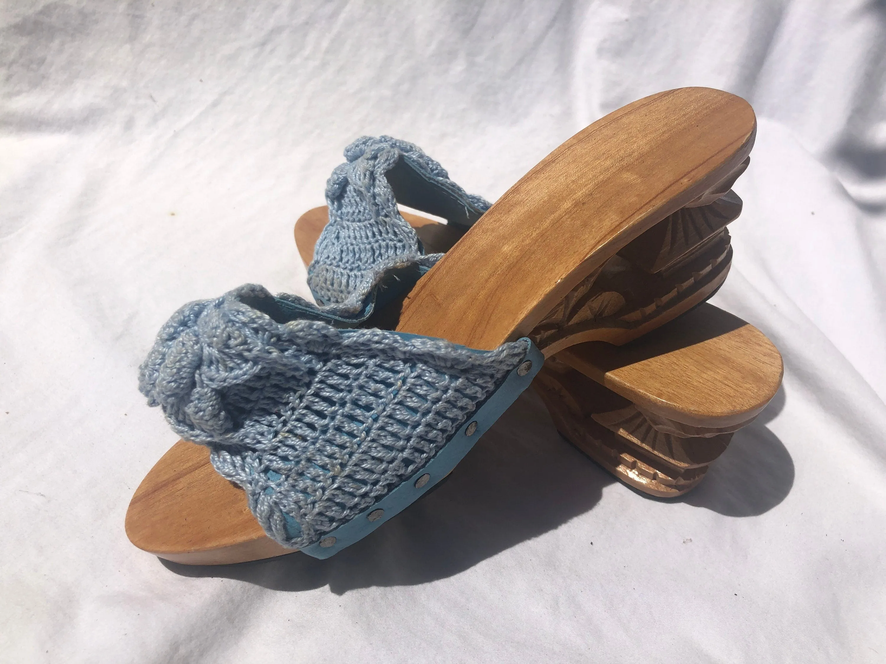 Vintage Carved Bamboo Pagoda Heel Wedges with Light Blue Knit Slides Size 5