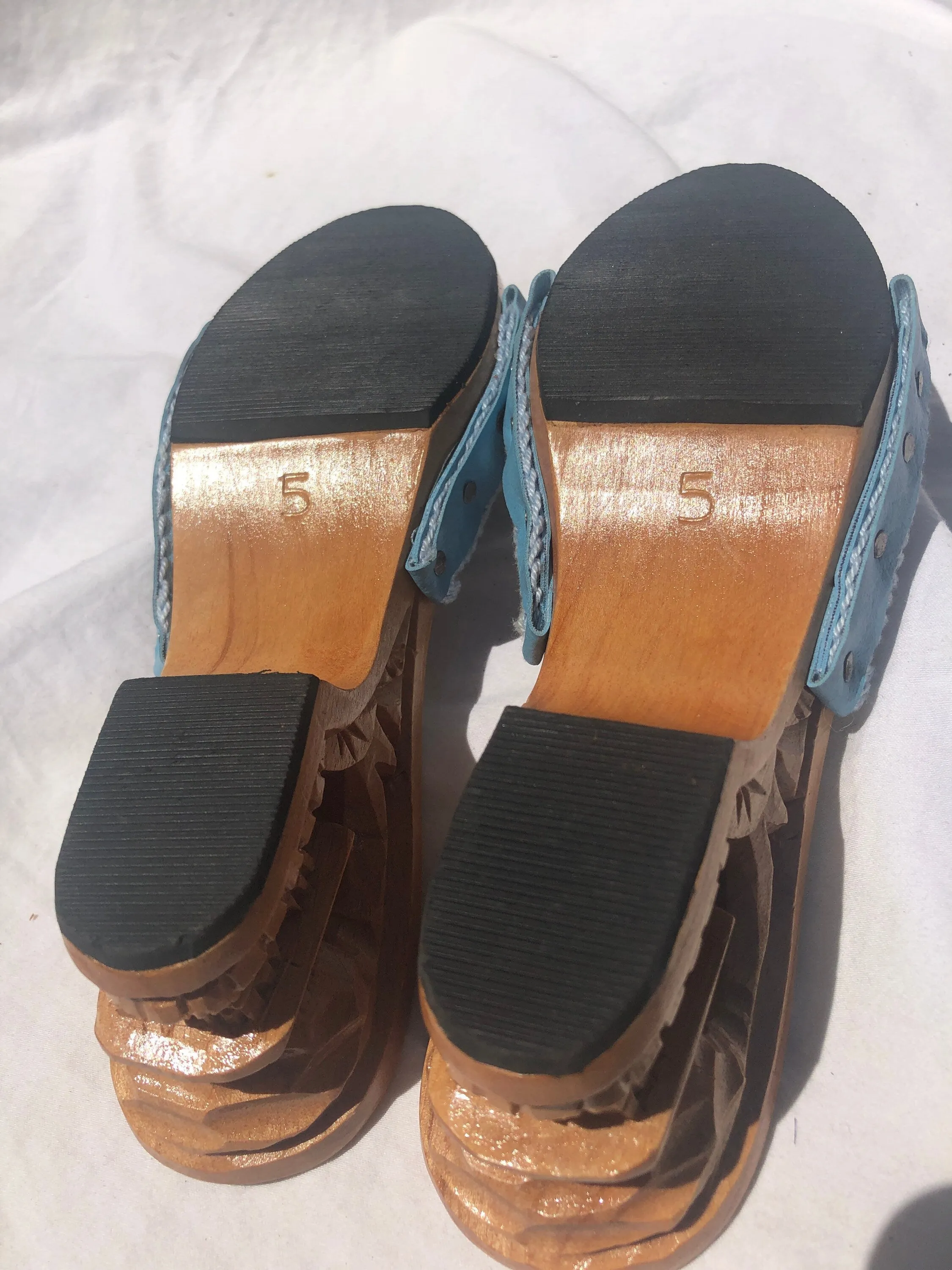 Vintage Carved Bamboo Pagoda Heel Wedges with Light Blue Knit Slides Size 5