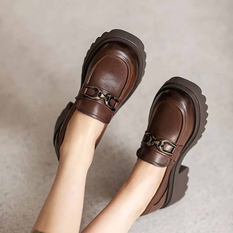 Women Retro Leather Chunky Sole Casual Loafers