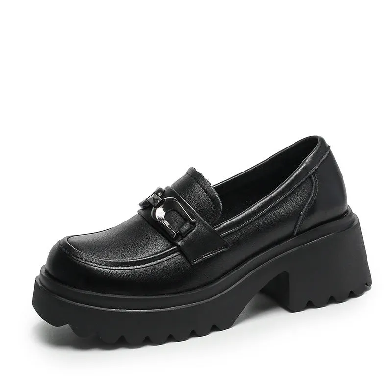 Women Retro Leather Chunky Sole Casual Loafers