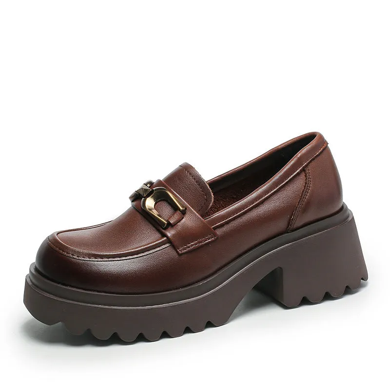 Women Retro Leather Chunky Sole Casual Loafers