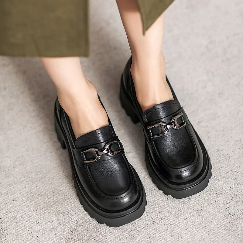 Women Retro Leather Chunky Sole Casual Loafers