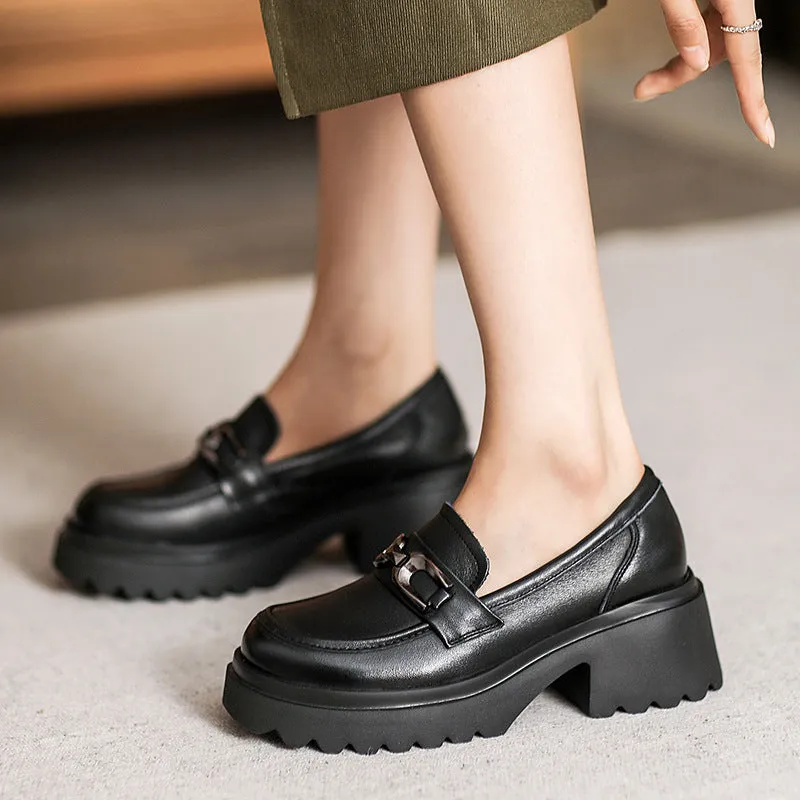 Women Retro Leather Chunky Sole Casual Loafers