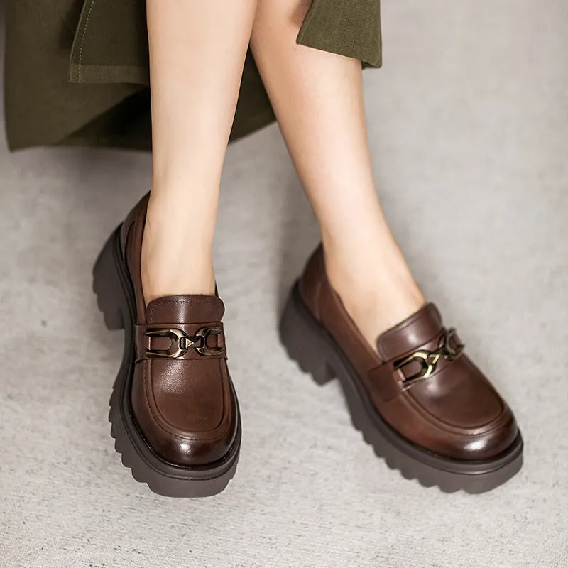 Women Retro Leather Chunky Sole Casual Loafers